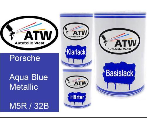 Porsche, Aqua Blue Metallic, M5R / 32B: 500ml Lackdose + 500ml Klarlack + 250ml Härter - Set, von ATW Autoteile West.
